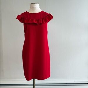 Red Ruffle-Neck Shift Dress